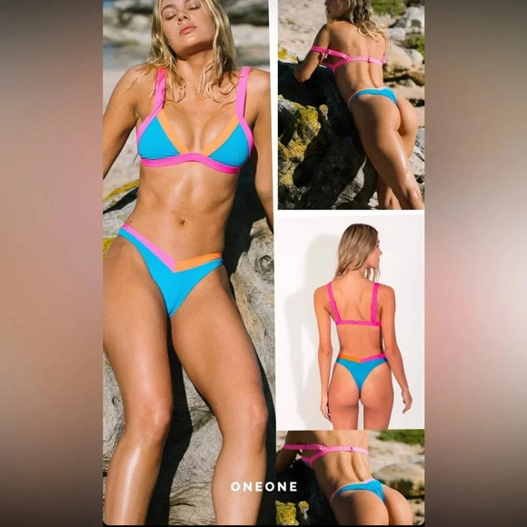 NWT OneOne Swimwear SET Bikini Palmeto Blue Neon Kameron Jesse Orange Pink New - Picture 8 of 16